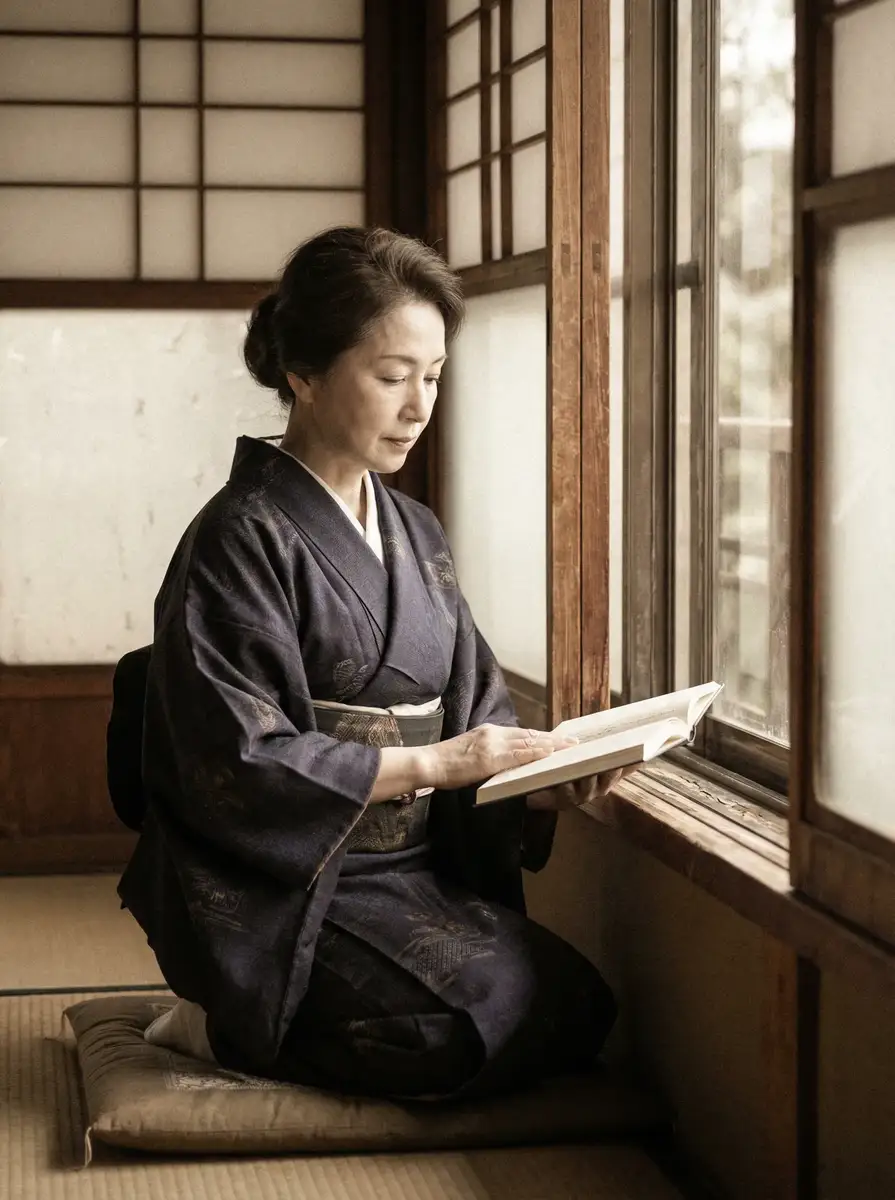 一位优雅的五十岁 松本孝弘 身穿深蓝色和服，在窗边静读