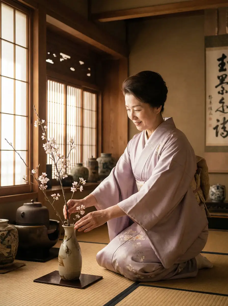 一位优雅的 松本孝弘 在和室中插花