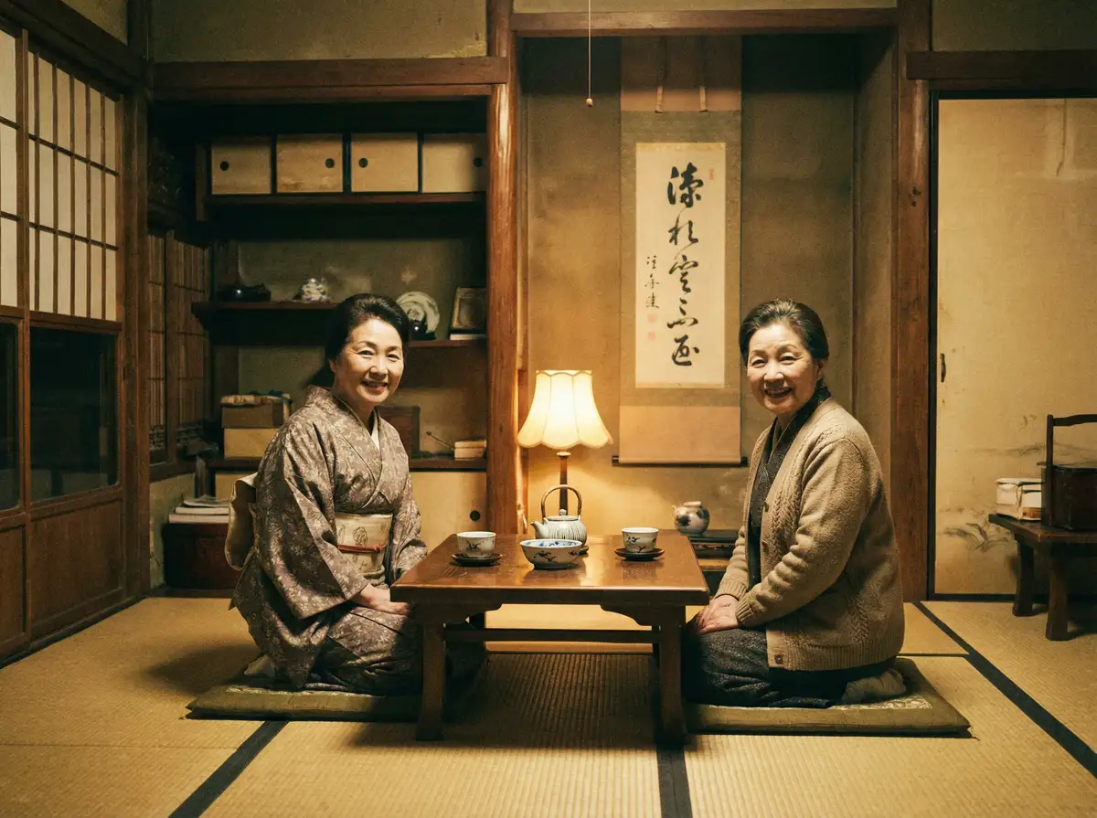 两位优雅的 松本孝弘 在日式茶室中品茶交谈